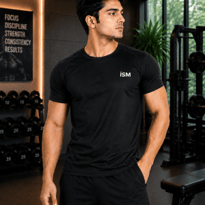 Premium black ISM dry fit gym t-shirt designed for gym workouts, running, sports and everyday active wear.