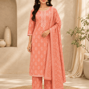 Elegant Peach Cotton Printed Straight Kurta Pant Set with Dupatta