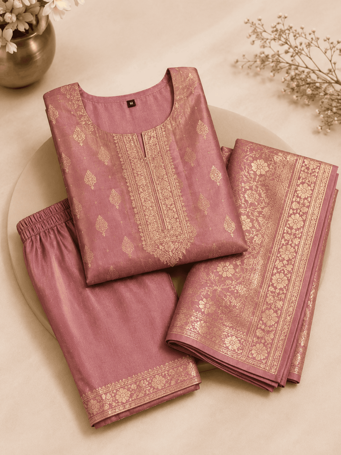 Elegant Dusty Rose Silk Blend Embroidered Kurta Pant Set with Jacquard Dupatta - Image 3