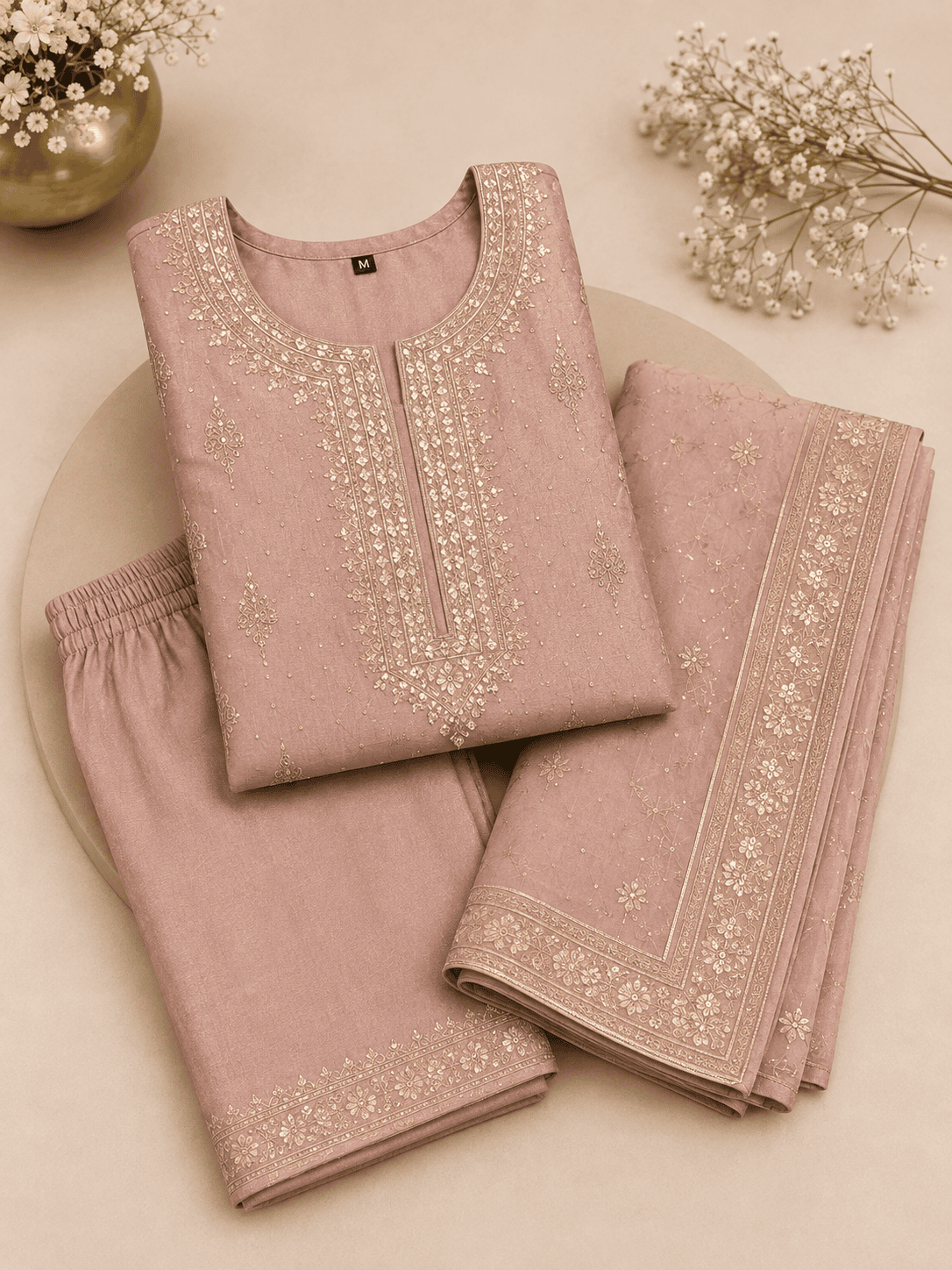 Elegant Blush Pink Embroidered Kurta Pant Set with Chiffon Dupatta - Image 3