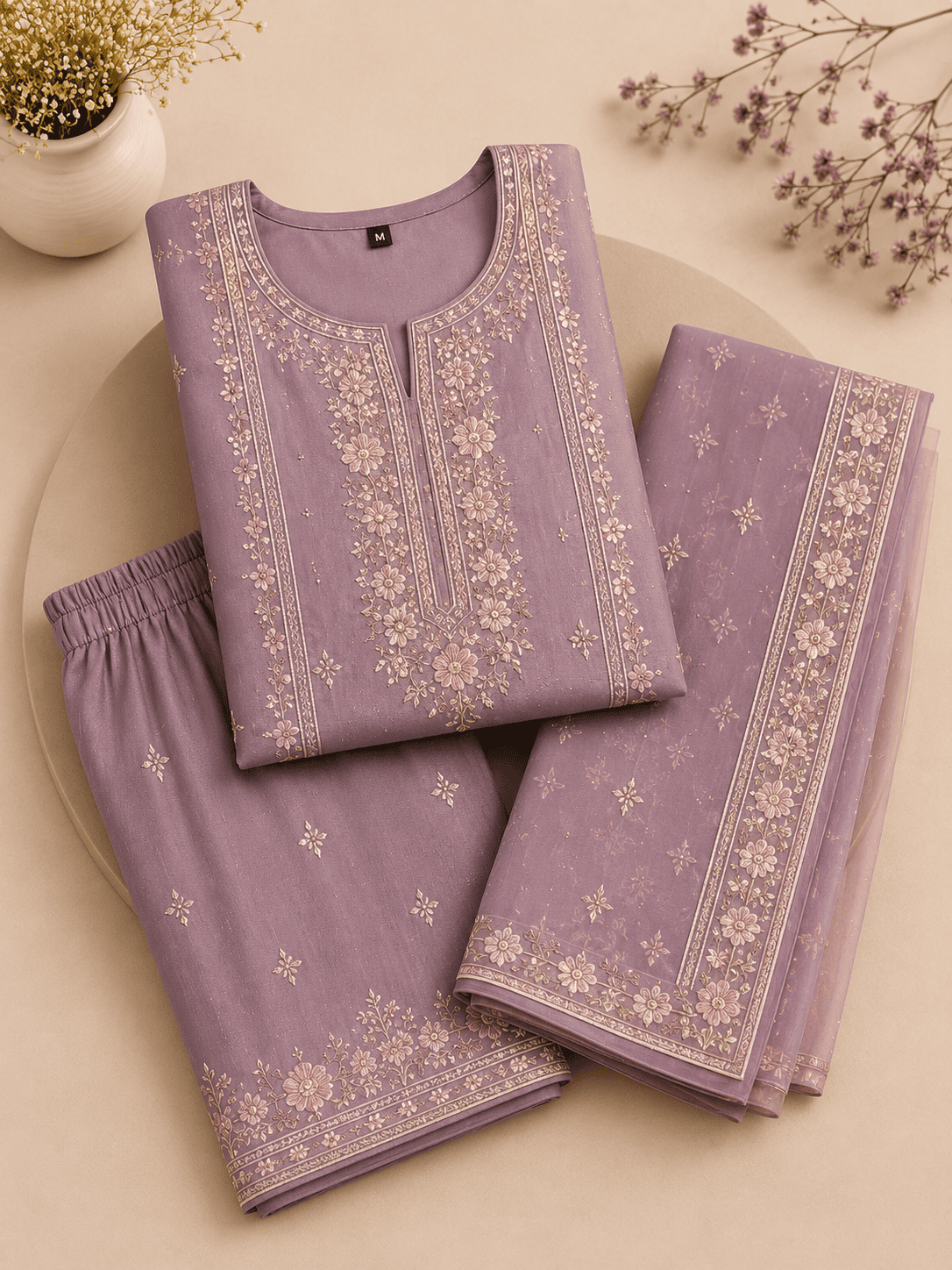 Elegant Mauve Floral Embroidered Salwar Suit Set - Image 3