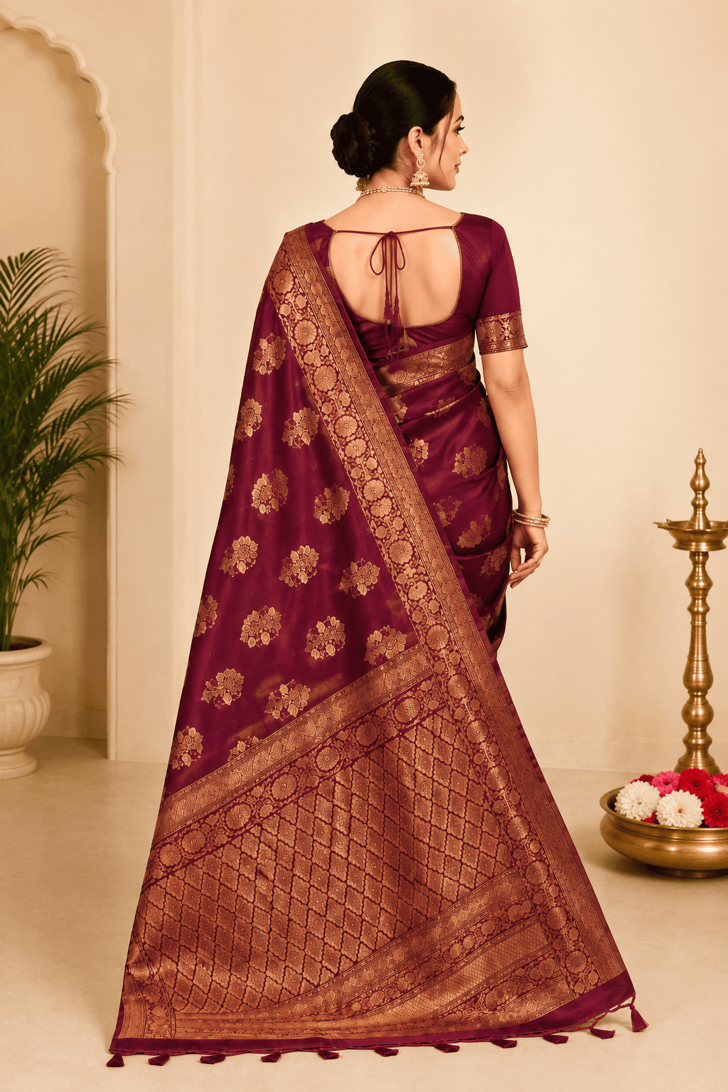 Royal Maroon Banarasi Silk Saree with Rich Gold Zari Weaving - Image 2