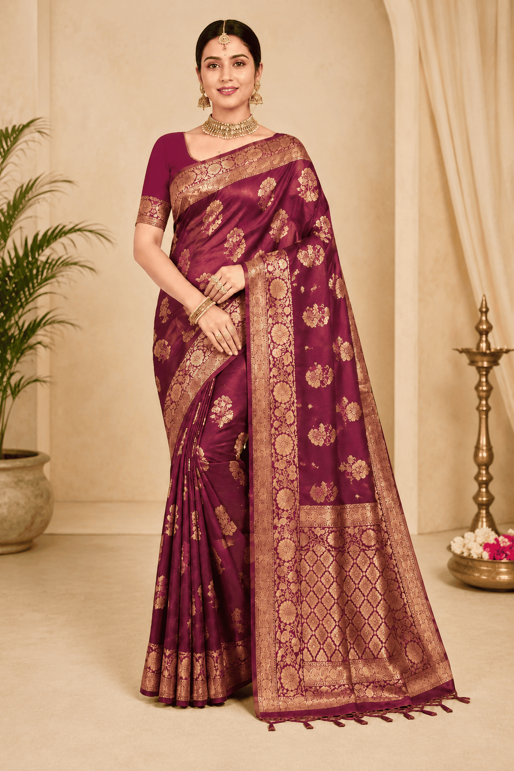 Royal Maroon Banarasi Silk Saree with Rich Gold Zari Weaving