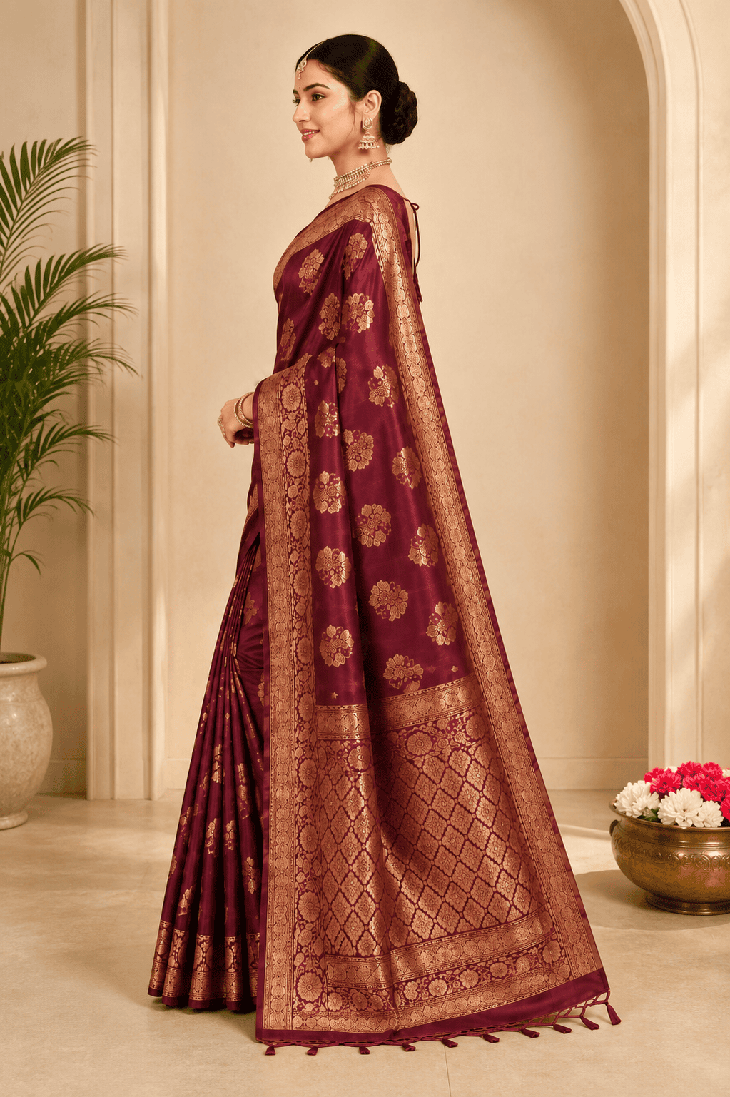 Royal Maroon Banarasi Silk Saree with Rich Gold Zari Weaving - Image 3