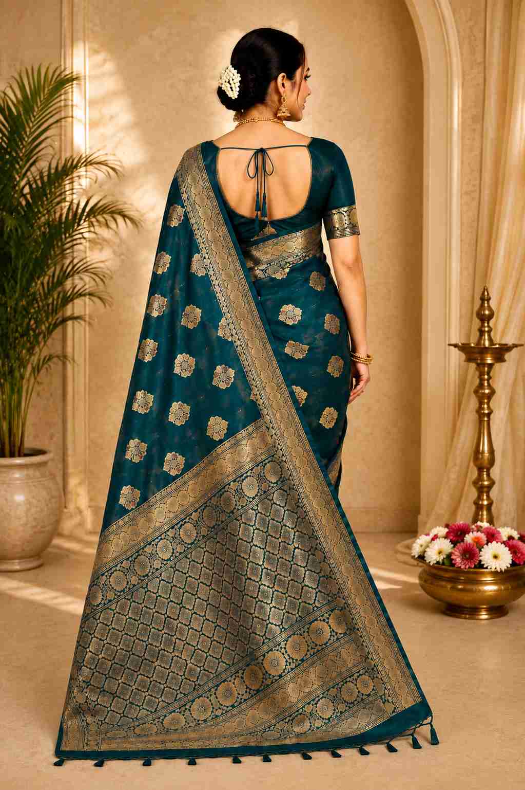 Royal Teal Banarasi Silk Saree with Gold Zari Weaving - Image 2