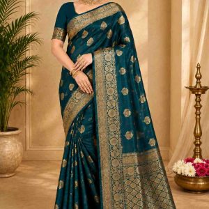 Royal Teal Banarasi Silk Saree with Gold Zari Weaving