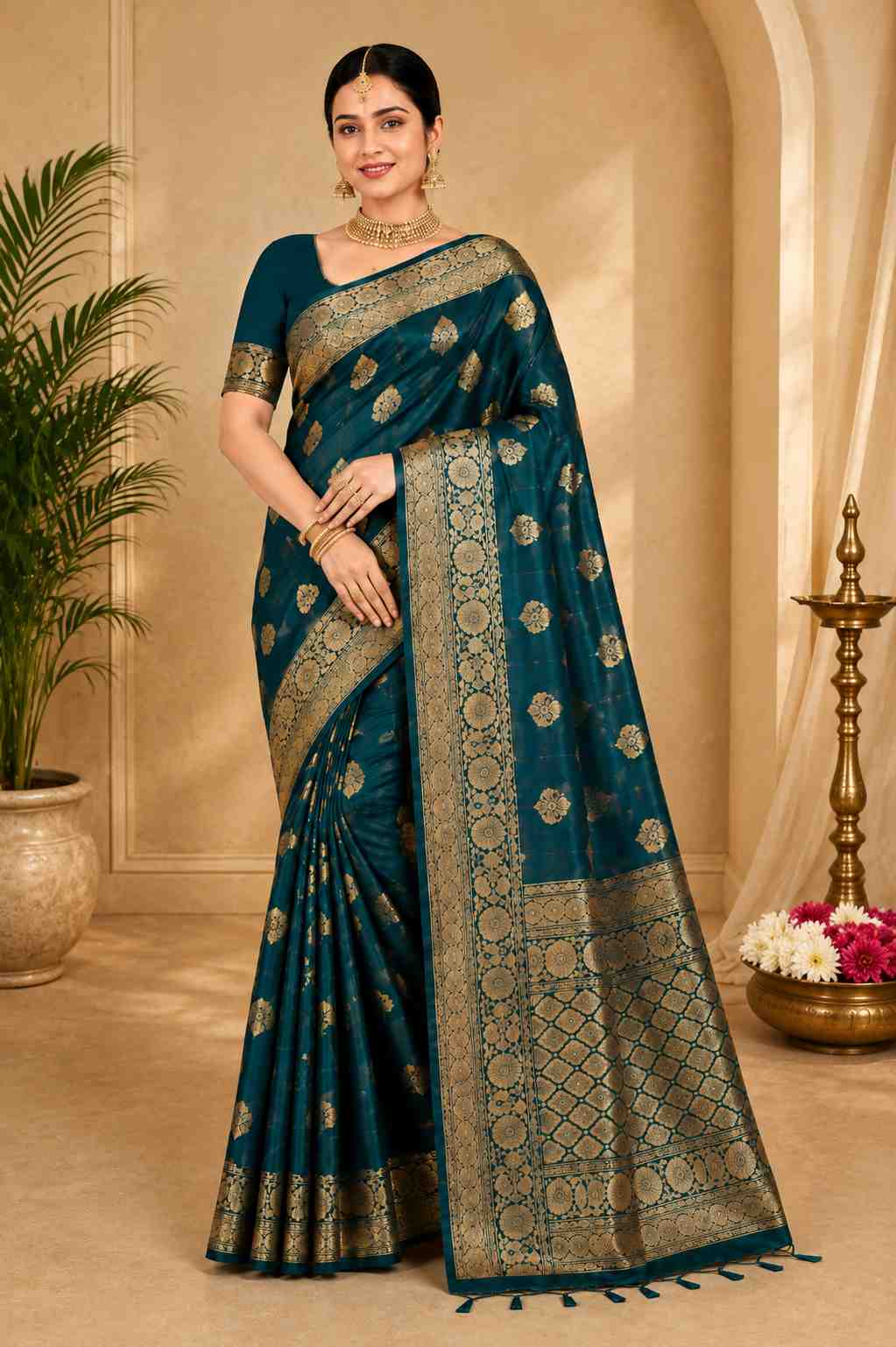 Royal Teal Banarasi Silk Saree with Gold Zari Weaving