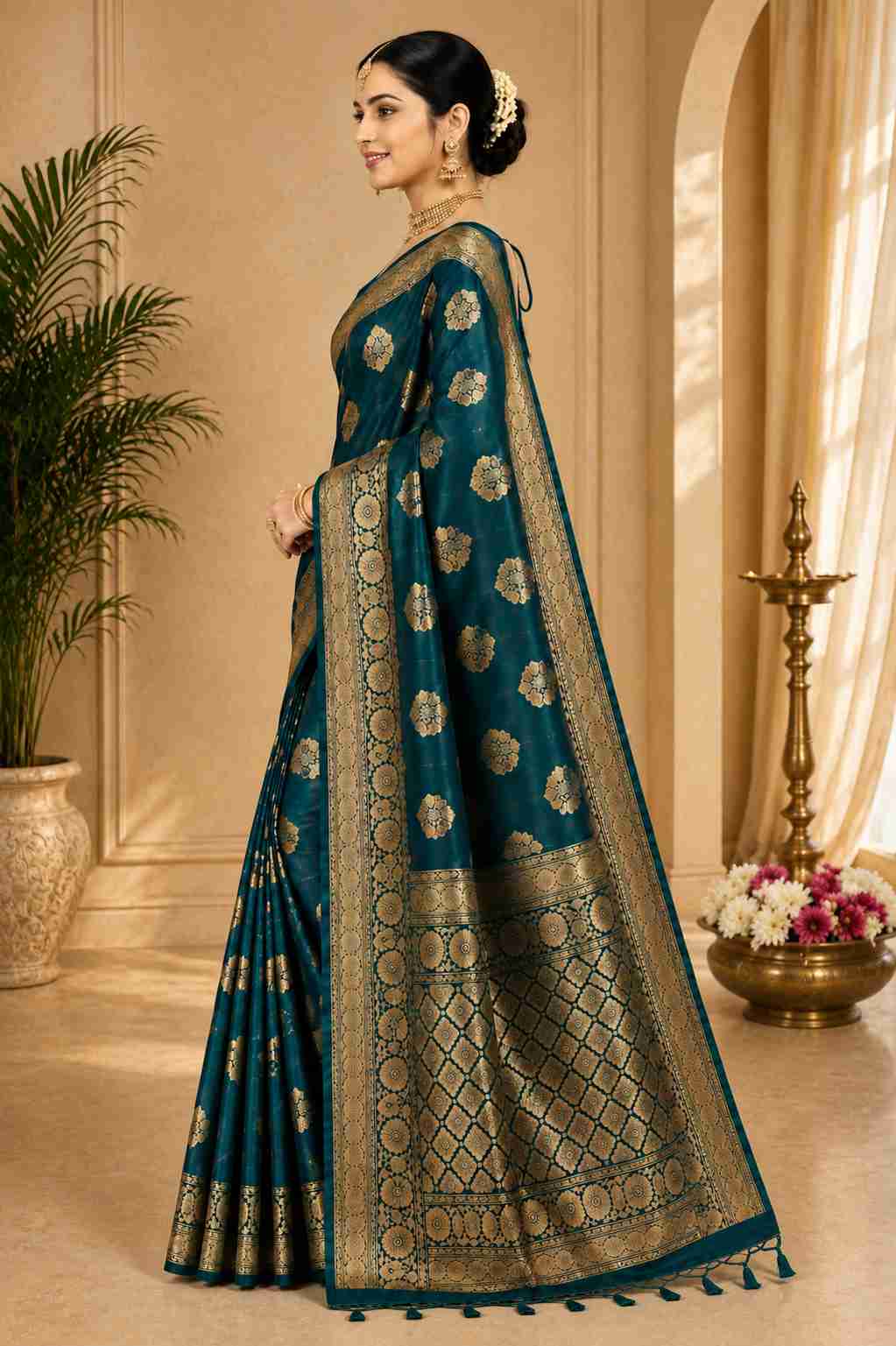 Royal Teal Banarasi Silk Saree with Gold Zari Weaving - Image 3