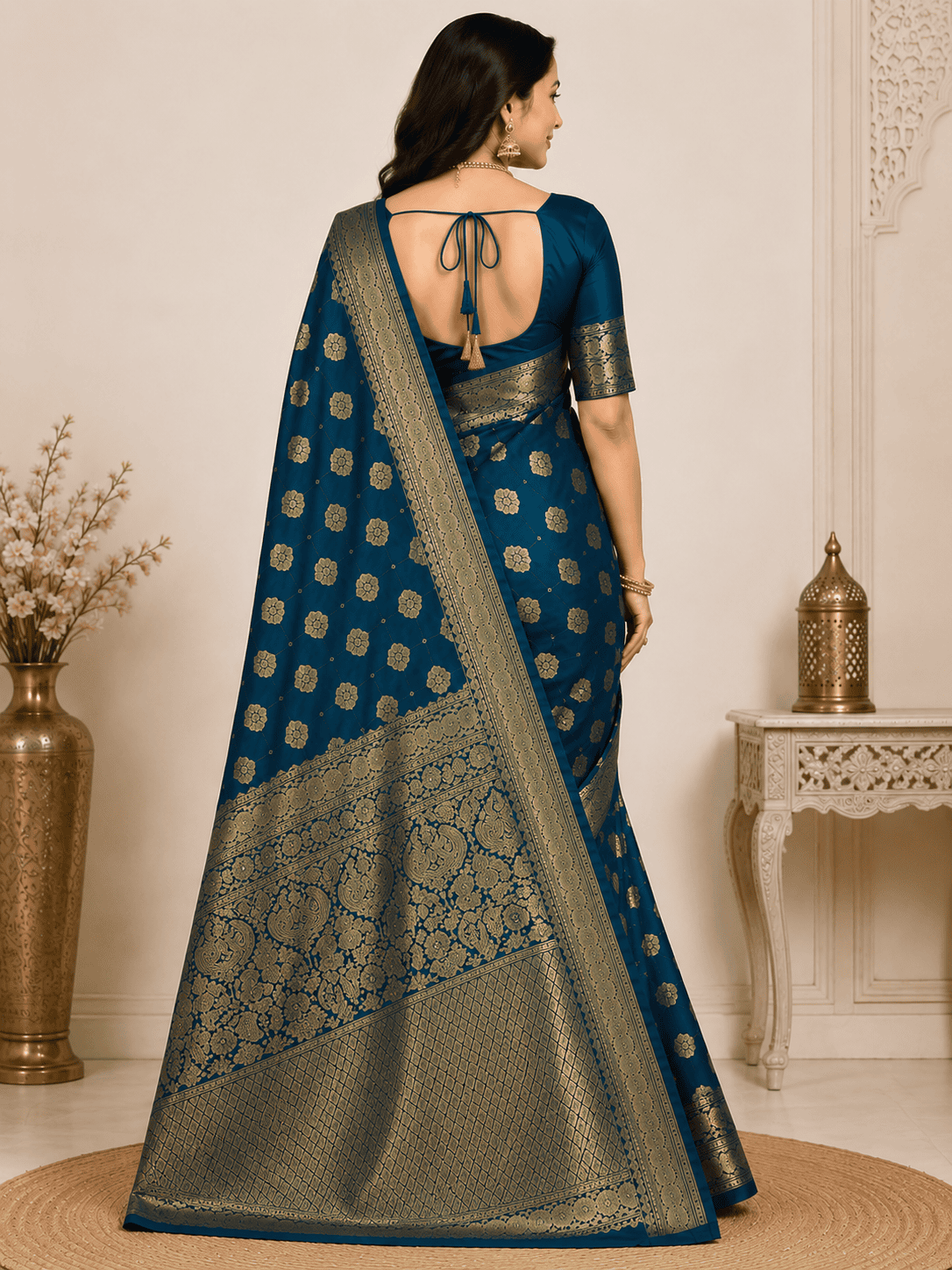 Royal Teal Blue Banarasi Silk Blend Saree with Gold Zari Weaving - Image 2