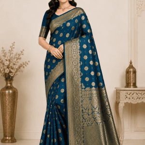 Royal Teal Blue Banarasi Silk Blend Saree with Gold Zari Weaving