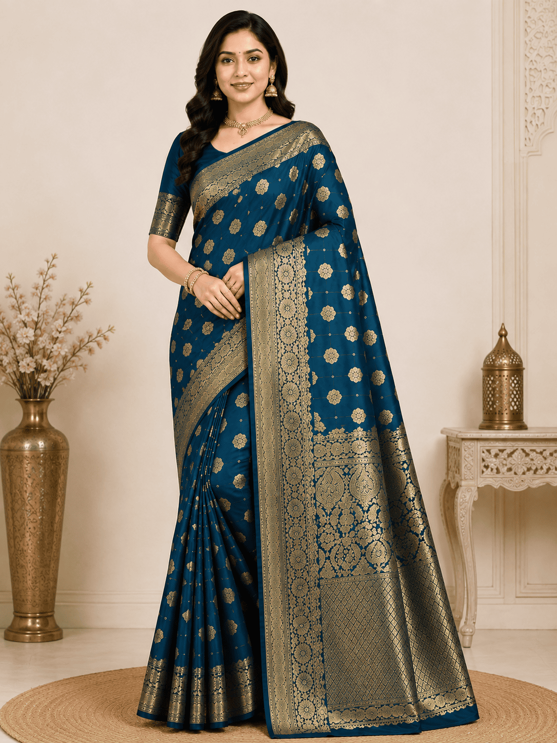 Royal Teal Blue Banarasi Silk Blend Saree with Gold Zari Weaving