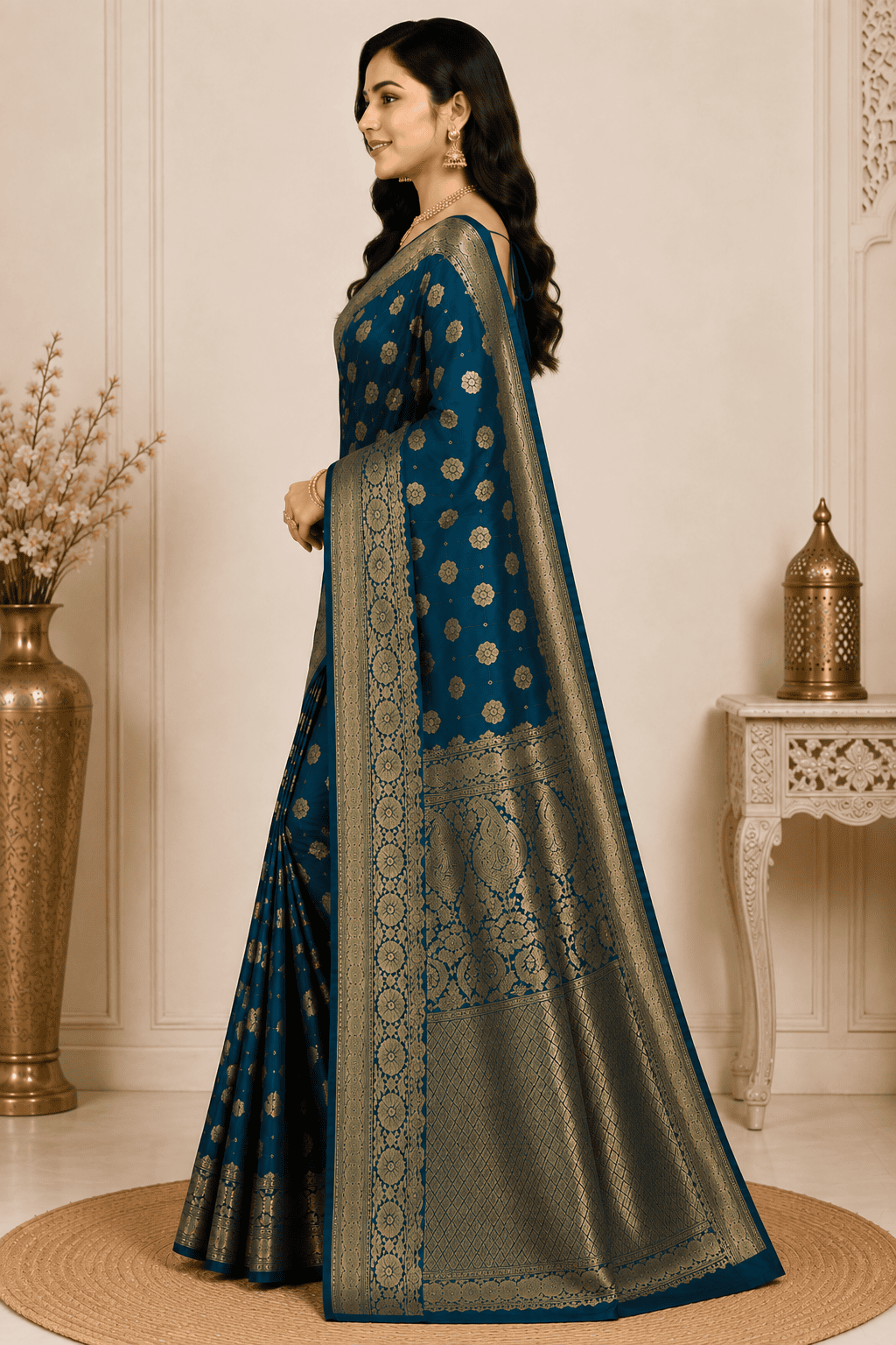 Royal Teal Blue Banarasi Silk Blend Saree with Gold Zari Weaving - Image 3