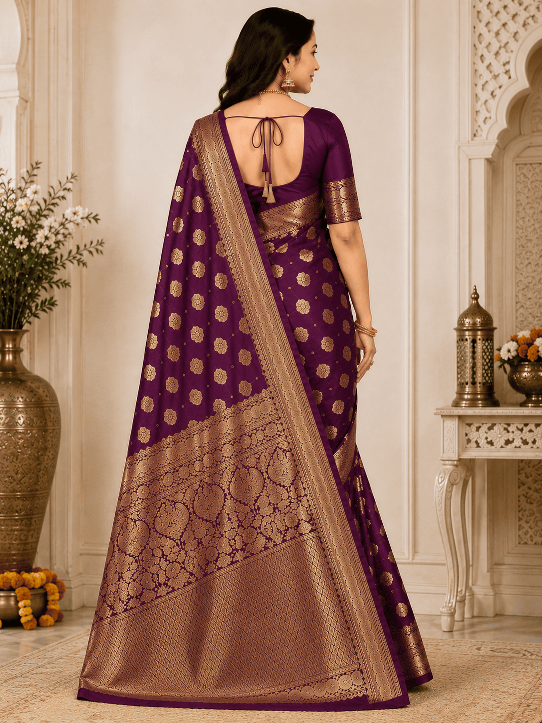 Royal Wine Purple Banarasi Silk Blend Saree with Gold Zari Weaving - Image 2