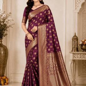 Royal Wine Purple Banarasi Silk Blend Saree with Gold Zari Weaving