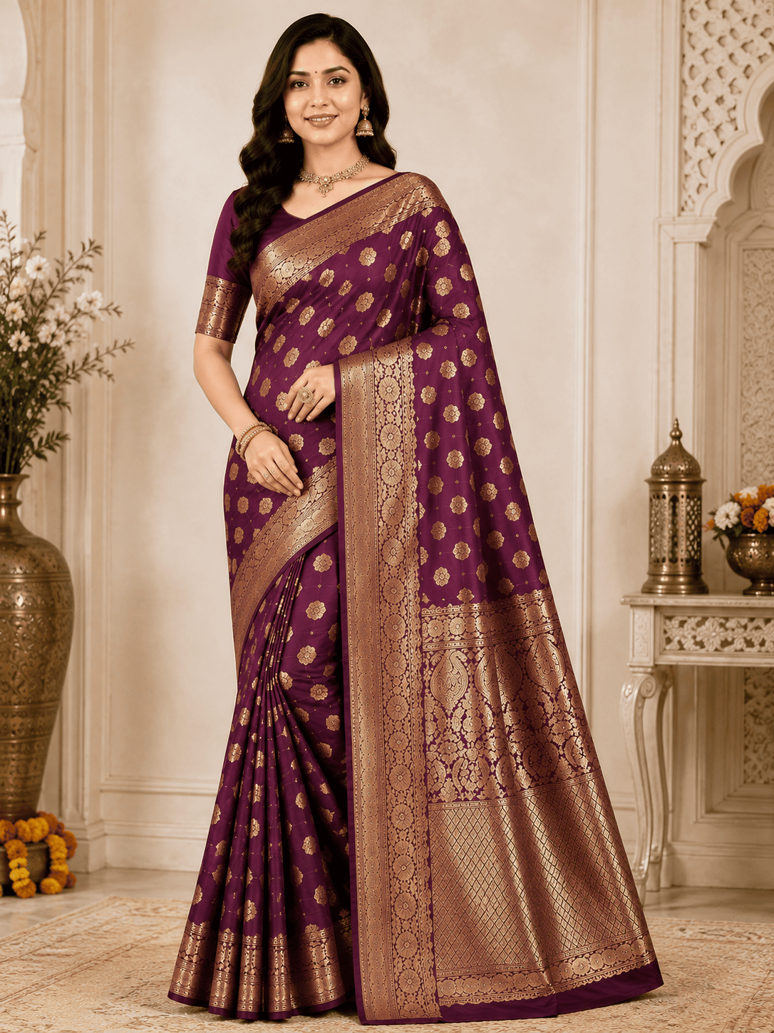 Royal Wine Purple Banarasi Silk Blend Saree with Gold Zari Weaving
