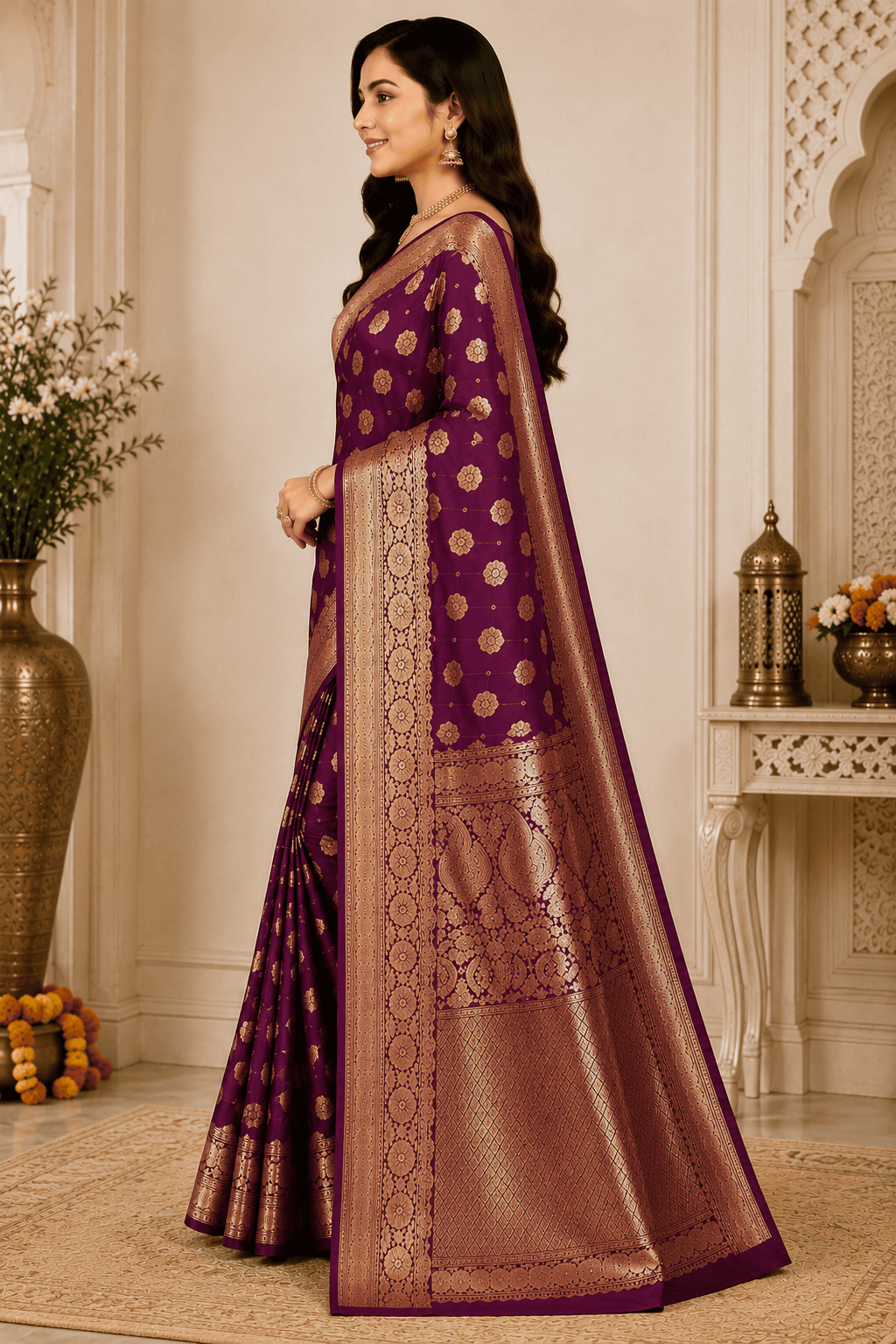 Royal Wine Purple Banarasi Silk Blend Saree with Gold Zari Weaving - Image 3