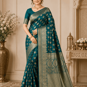 Royal Peacock Teal Banarasi Silk Blend Saree with Gold Zari Weaving
