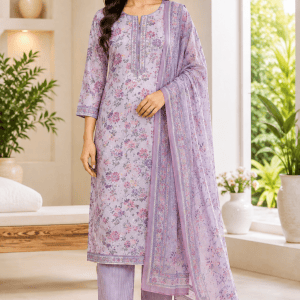Elegant Lavender Floral Printed Cotton Kurta Pant Set with Dupatta