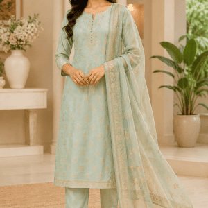 Elegant Mint Green Embroidered Kurta Pant Set with Organza Dupatta