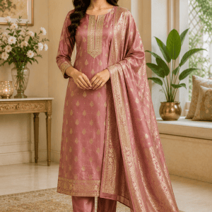 Elegant Dusty Rose Silk Blend Embroidered Kurta Pant Set with Jacquard Dupatta
