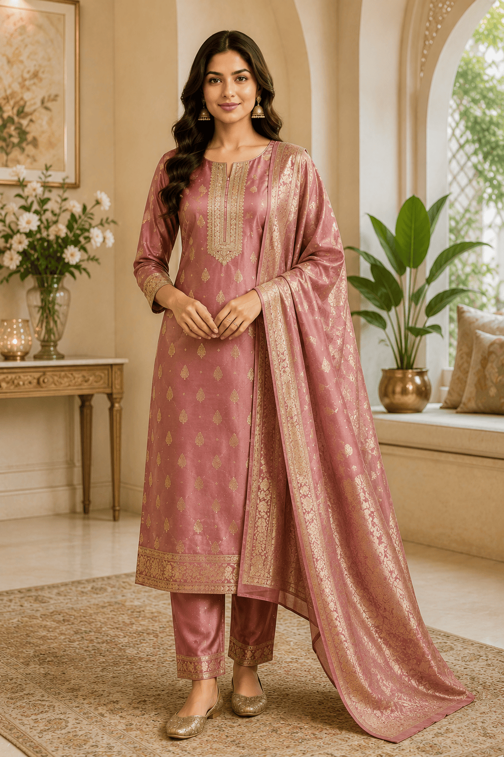 Elegant Dusty Rose Silk Blend Embroidered Kurta Pant Set with Jacquard Dupatta