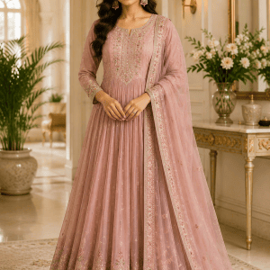 Elegant Dusty Rose Embroidered Anarkali Suit Set