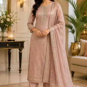 Elegant Blush Pink Embroidered Kurta Pant Set with Chiffon Dupatta