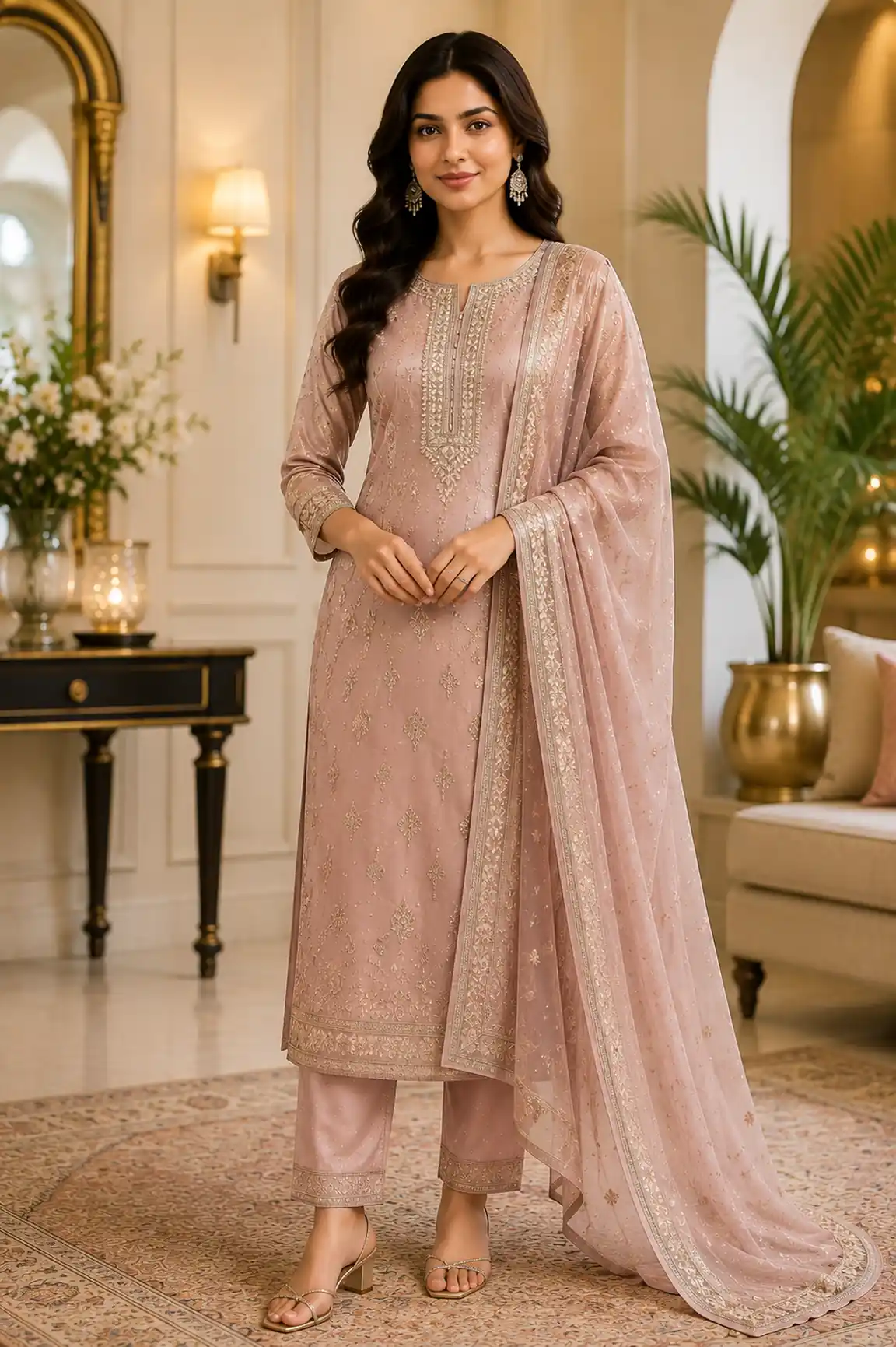 Elegant Blush Pink Embroidered Kurta Pant Set with Chiffon Dupatta