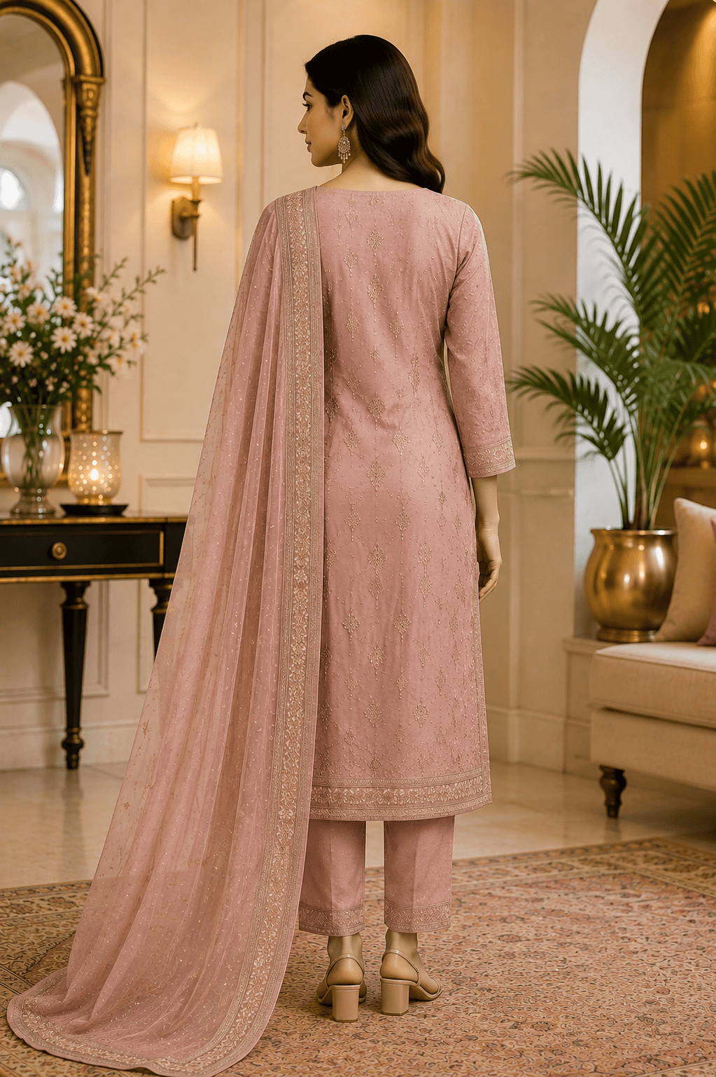 Elegant Blush Pink Embroidered Kurta Pant Set with Chiffon Dupatta - Image 2