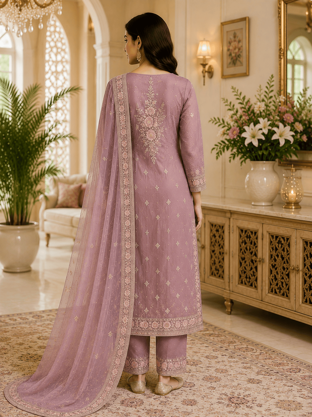 Elegant Mauve Floral Embroidered Salwar Suit Set - Image 2