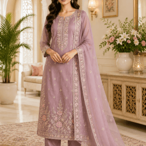 Elegant Mauve Floral Embroidered Salwar Suit Set